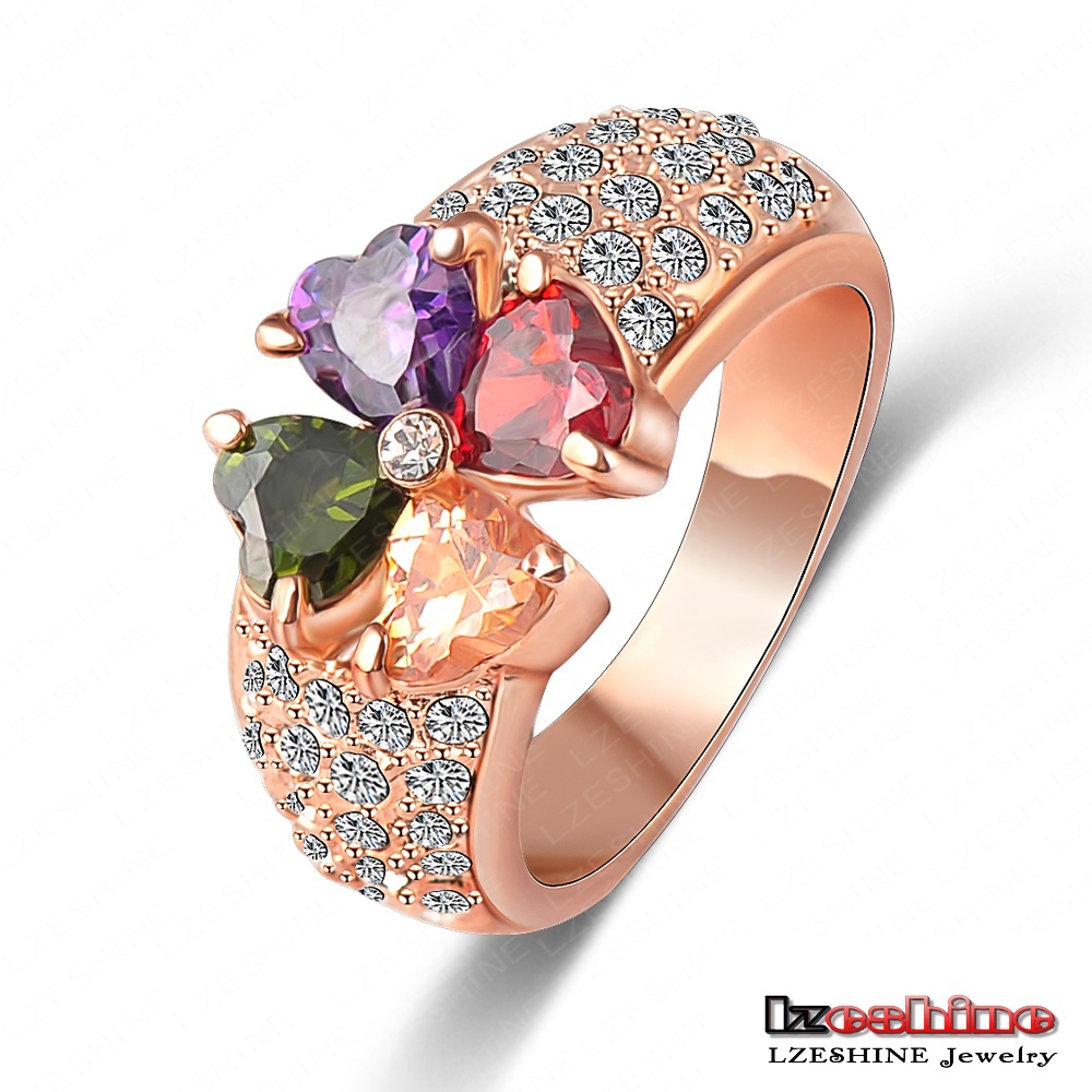 LZESHINE Brand Magic Heart Clover Zircon Ring Real 18K Rose Gold Plate Genuine SWA Element Flower