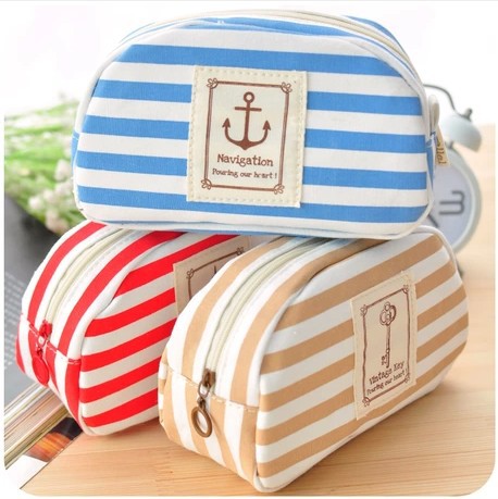 A1127 New 2014 Arrive Fashion Ladies Bag Striped Sailor Anchor Canvas Multifunction Pen Pocket Pencil Bags