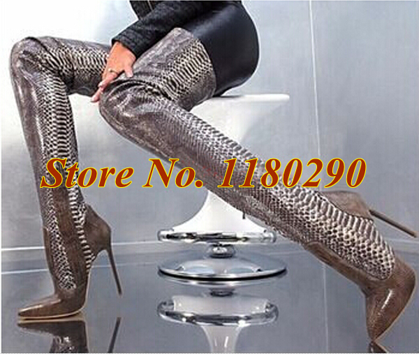 2015 New Design Women Sexy Pointed Toe Over Knee High Heel Snake Boots Thigh High Long Boots Brand Pumps Fashion Shoes