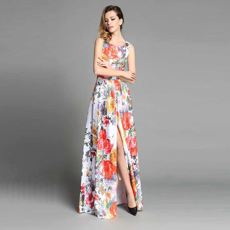 Bohemian Dress New 2016 Summer Runway Brand Fashion Flower Print Floor-Length Elegant Sleeveless Split Sexy Dress