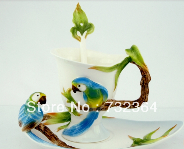 1 cup with tea tray and tea spoon 3D parrot wedding tea coffee cup set luxury