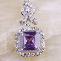 lingmei Purple Lovers Jewelry Lady Princess Amethyst White Topaz Free Silver Chain Necklace Pendant Wholesale For Women Gift