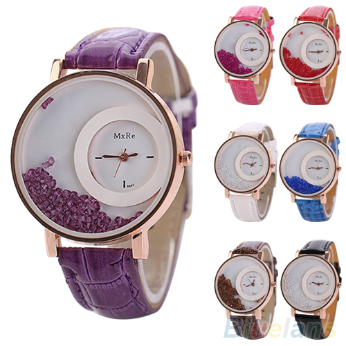 Women s Moveable Rhinestones Quicksand Dial Faux Leather Band Quartz Wrist Watch 4KMZ