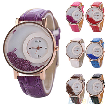 Mujeres de movible Rhinestones arenas movedizas Dial de cuero de imitación Band cuarzo reloj de pulsera 4KMZ