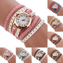2015 nuevo colorido de múltiples capas del remache Faux Leather Band Wrap pulsera reloj de pulsera mujeres 2DKI