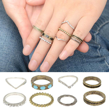 Bohemian Style Retro Punk Rhinestone Alloy Individual Midi Rings Set Geometric Finger Ring Fashion Jewelry for Women 8pcs/set
