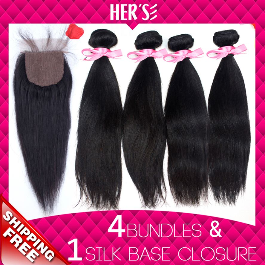 Silk Base Closure With Bundles Malaysian Virgin Hair With Closure Human Hair Weave With Closure Malaysian Straight Hair Natural