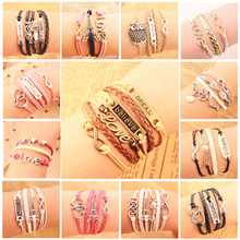 Hot lady vintage multilayer leather bracelet tower heart owl infinity bracelet jewelry high quality women accessories 2014 PT36