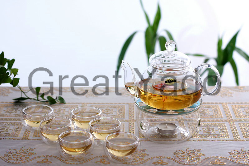 1 glass teapot 600ml 6 double wall tea cups 1 heating base 8pcs set