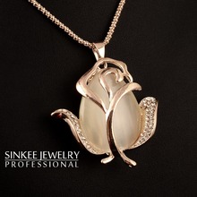 SINKEE free shipping charm resin opal rose pendant necklace long chain for women and girl fashion