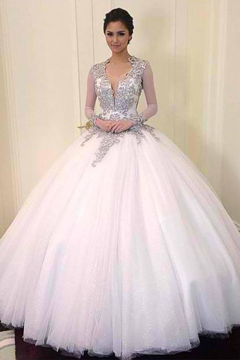 White Deep V Neck Floor Length vestido de noiva Bridal Gown Wedding Dress Luxury Crystal Ball
