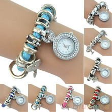 Mujeres Rhinestone del encanto del corazón reloj de cuero de imitación correa trenzada pulsera