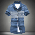 2016 New Men Jeans Shirts Summer Autumn Water Washing Male Tops Short Sleeve Flower Print Denim