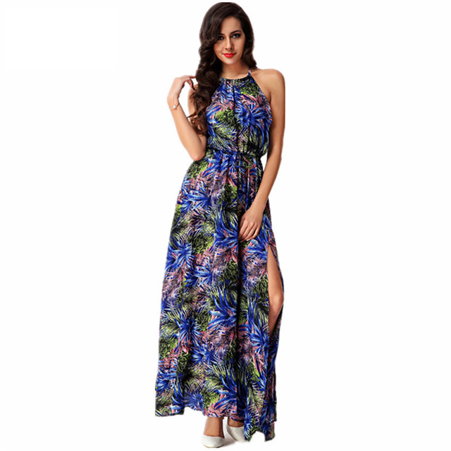 2016 новый женский летнее платье спагетти ремень тропический печать сексуальный раскол богемия Большой размер пляж длиной макси платья Vestidos