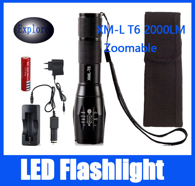 5 Modes 2000 Lumens CREE XML T6 Led Portable Flashlight Camping Light Flash Lights Torch Hunting Lantern+1*18650 Battery+Charger
