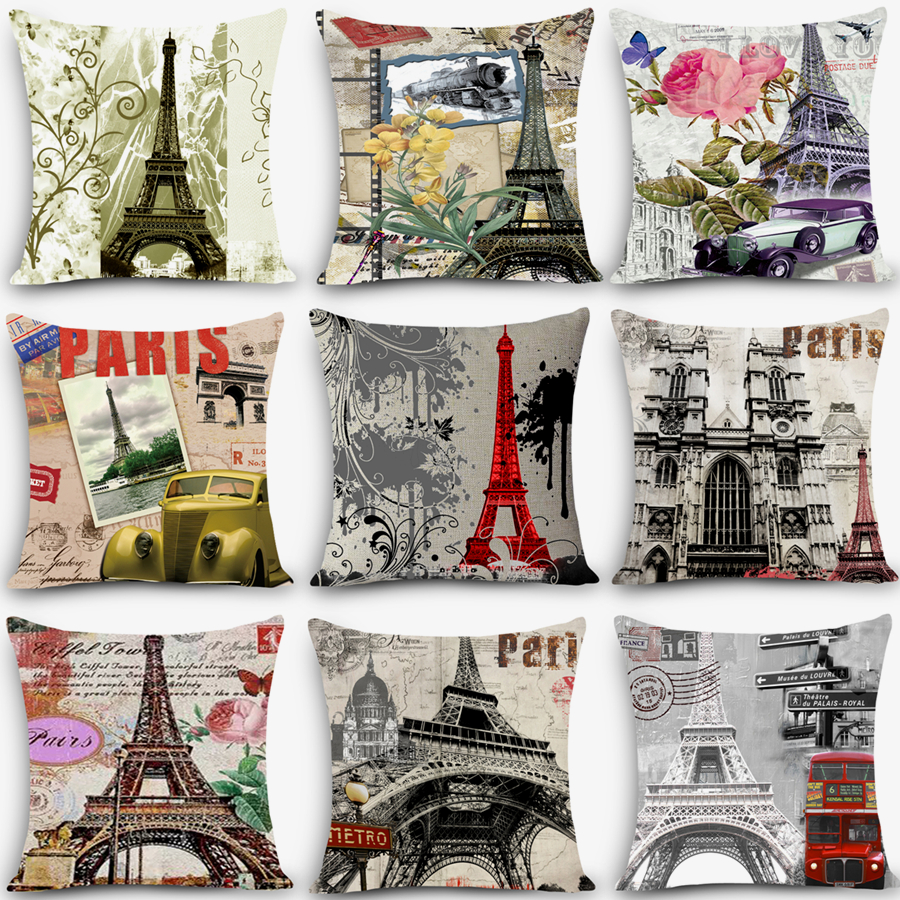 New arrival decorative throw pillow Paris Eiffel Tower Print Home Decorative Cushion Vintage Cotton Linen Square MYJ-G4