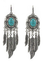Bohemian Vintage Silver Carving Metal Turquoise Feather leaf Shape Dangle Earrings