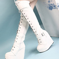 Winter Fashion Black Over The Knee High Boots 14cm Heels Sexy Wedges Platform White Lace