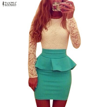 2016 New Style Long Sleeve Women Patchwork O Neck Bodycon Sexy Lace Party Peplum Flounce Bandage Pencil Dress Plus Size Vestidos