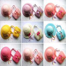 Children butterfly knot bud ribbon Princess Hat baby girl summer grass hat bag two set wholesale beach sun hat handbag set