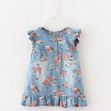 Print dress for girl Jean dresses denim flower clothing for children leisure styles dress 2015 Summer toddler Brand