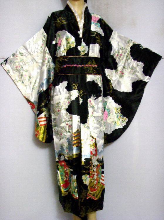 Free Shipping Black Vintage Japanese Women's Silk Satin Kimono Yukata Evening Dress Flower One Size H0007