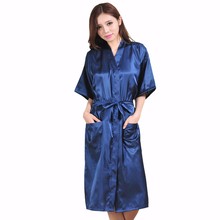 Special Offer Navy Blue Chinese Women’s Bath Robe Faux Silk Kimono Lady Gown Mujere Pijama Plus Size S M L XL XXL XXXL LS003C