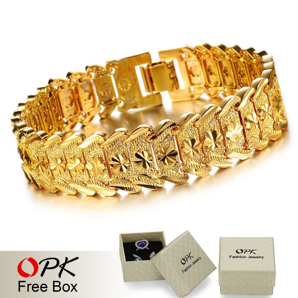 OPK JEWELRY Luxury 18K Real Gold plated Bracelet Bangle Wide Surface 17mm Attractive Men Jewelry Top
