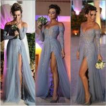 Vestido De Festa Sexy High Split Long Sleeve Prom Dresses 2016 Shinning Sequins Beading Off Shoulder Formal Dress Evening Wear