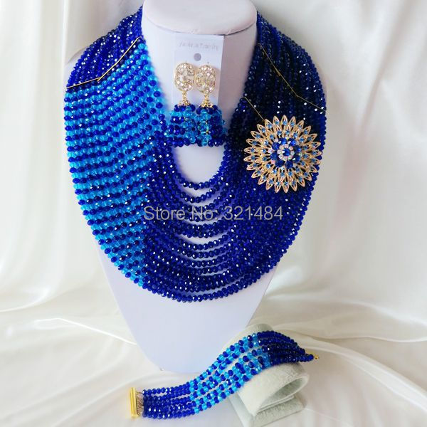 Fashion luxury Nigerian African Wedding Beads Jewelry Set 15 layers Royal blue Crystal Necklaces Bracelet Earrings CRB-1086