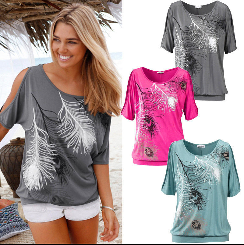 2016 new fashion feather female summer loose short-sleeved t-shirt printing ladies casual shirt leakage shoulder T-shirt  S2271