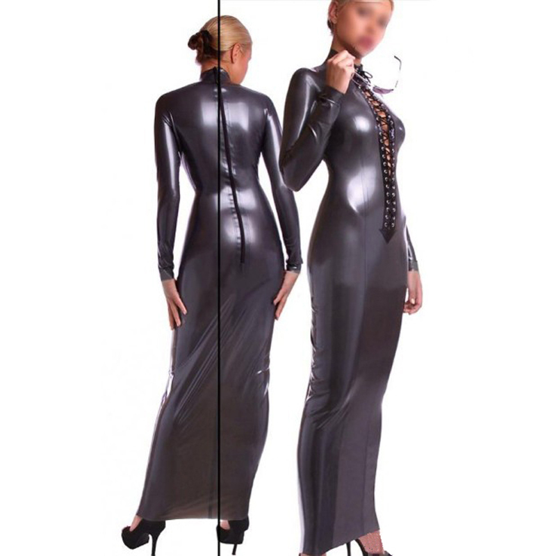 Fashion Women 2015 Sexy Full Sleeve Latex Gowns Silver Slim Vestidos Rubber Celebrity Dresses Large Size Hot Sale S-XXL