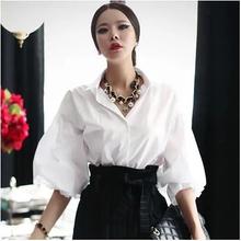 2016 spring loose lantern sleeve blouse ol white cotton turn down collar shirt free shipping