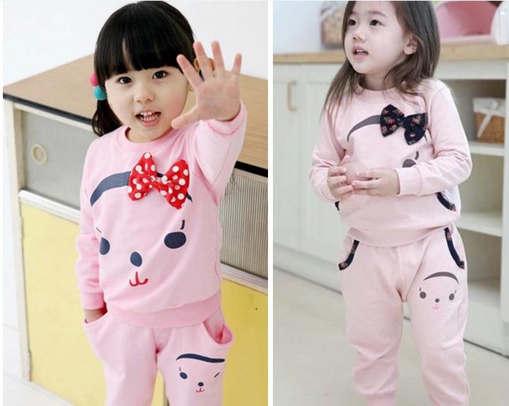 New autumn baby girl suit pink long sleeve cat bow tops + trousers 2pcs set kids suit girls casual clothing set 5set/lot