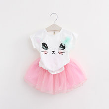 Girls Clothing Sets 2016Summer New Girls Clothes White Cartoon Short Sleeve T-Shirt+Dress 2Pcs Children Clothes Kids Suit