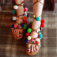 Unique Design Bohemia Women Pom Pom Sandals Beading Tassel Lace Up Flat Shoes Fringe Gladiator Sandal Beach Flip Flops