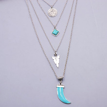 New fashion jewelry antique silver plated moon turquoise multi layer necklaces gift for women girl N1739