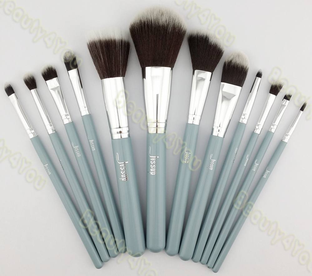 Jessup Pro MakeUp Cosmetic Set Eyeshadow Foundation wood Brush blusher Tools set 12pcs Bule Silver