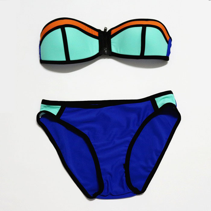 2015 Hot Sale triangl NEOPRENE BIKINI Zipper Push Up Padded Bra Swimsuit zipper top neon Bottoms Neoprene Swimwear For Women (3)