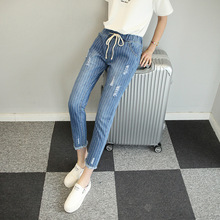 JY.2016Women New Blue Striped Jeans Female Large Size 5XL Elastic Waist Pants Hole Loose Harlan Summer Trousers Hot Sale Z