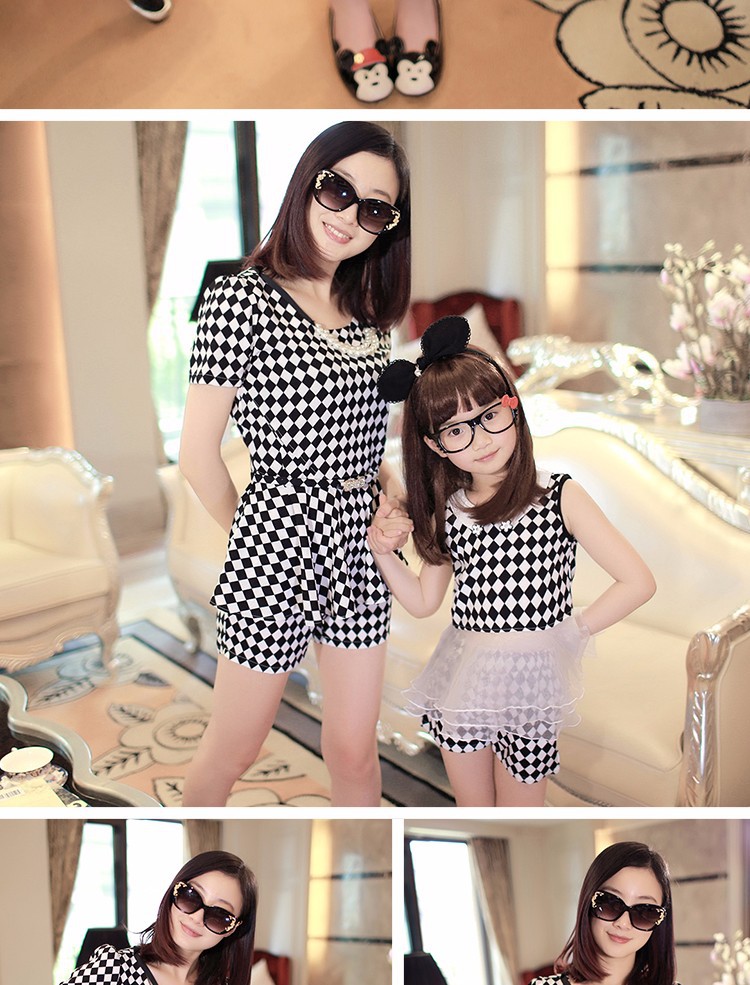 New Arrival 2015 Mother and Daughter Dresses Classic Plaid White and Black Casual Summer Dress (4)