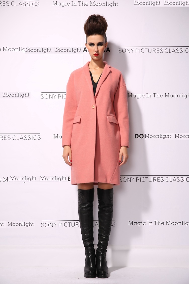 New Arrive 2015 European American High Quality Single Button Full Sleeve Turn-Down Collar Pink Coat
