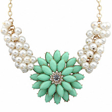 Big Resin Flower Rhinestone Simulated Pearl Statement Necklace Women Summer Style Necklaces Pendants Colar Jewelry For