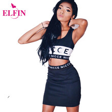 Summer 2016 Women Shirt Print Letter Sleeveless O neck Tank Tops & Skirt Twinset 2piece Sport Set For Women Cheap ClothesLJ3624S