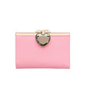 Sweet Style Fashion Metallic Heart Ornament Small Wallet Women High Quality Split Cowhide Money Clip Ladies