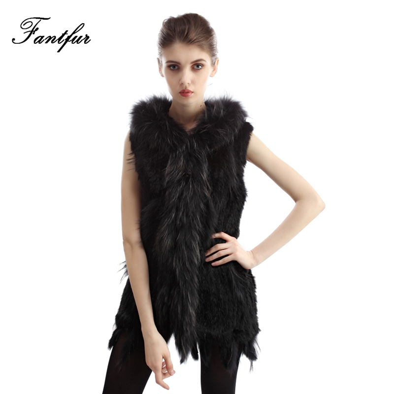 FANTFUR Women Knitting Real Rabbit Fur Vest With Raccoon Fur Hood Women Casual Long Waistcoat with Tassel Gilet