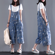 2016 women’s new summer loose plus size casual pants bib water wash thin denim print jumpsuit