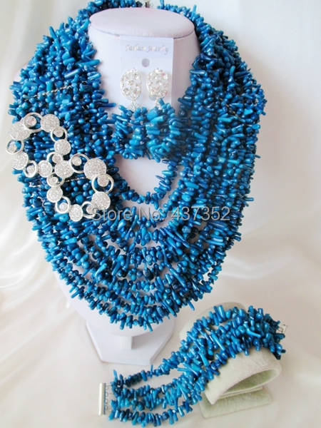 Fabulous Nigerian Wedding Coral Beads African Jewelry Set Navy blue Necklace Bracelet Earrings Set Free Shipping CWS-567