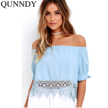 Elegant Blue Off Shoulder Female Blouse Shirt Sexy Summer 2016 Blouse Women Tops Half Sleeve Crochet Lace Blusas Camisa Feminina