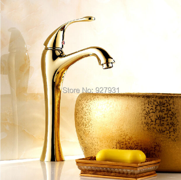 Luxury Single Lever Bathroom Brass Basin Faucet Deck Mounted Golden Basin Vessel Sink Mixer Taps